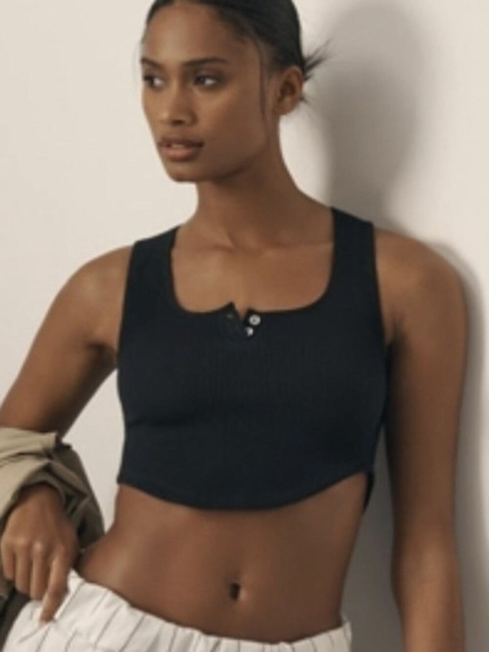 NWT Anthropologie Ribbed Henley Crop Top - Black